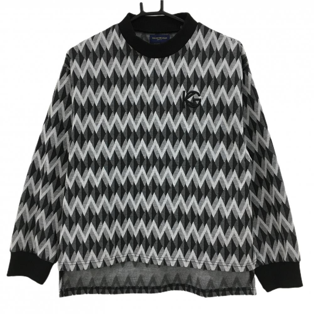 【超美品】キスオンザグリーン 長袖ハイネックシャツ 黒×グレー 総柄 厚手 レディース 3(M) ゴルフウェア kiss on the green