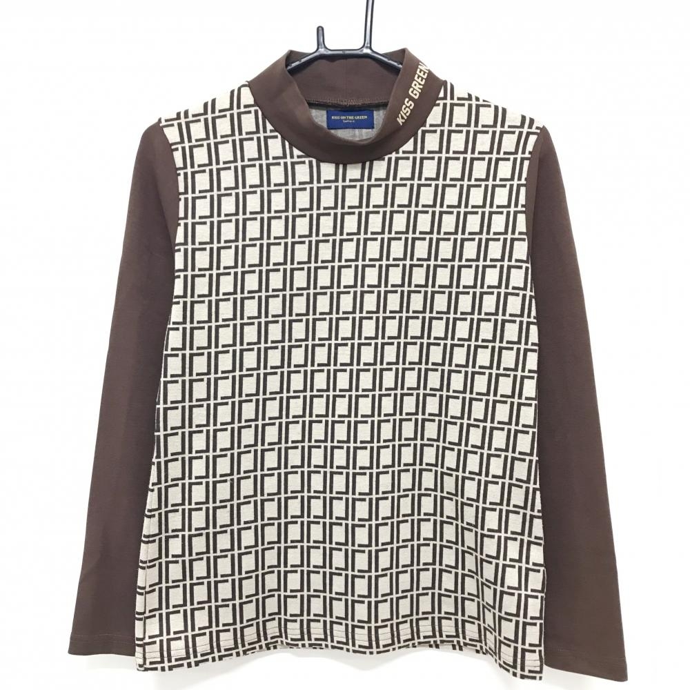 キスオンザグリーン 長袖ハイネックシャツ ブラウン×ベージュ系 身頃総柄 ネックロゴ  レディース 2(M) ゴルフウェア kiss on the green