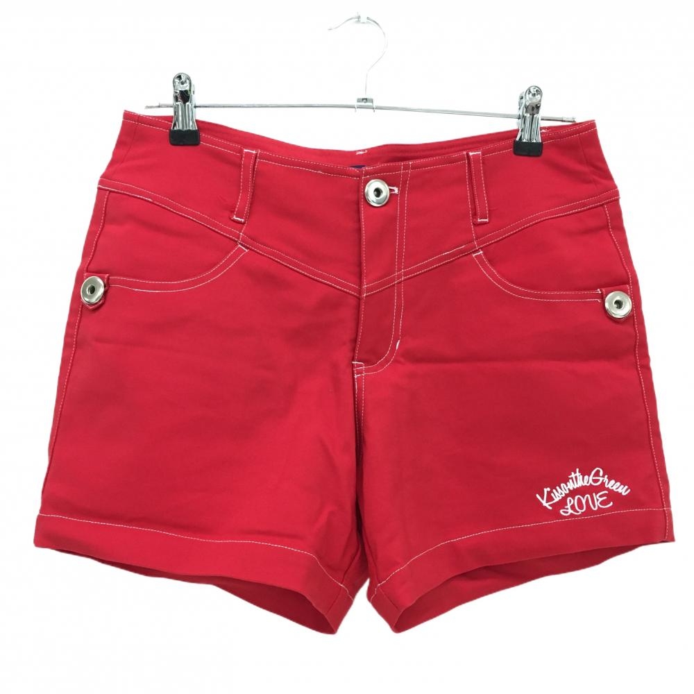 【超美品】キスオンザグリーン ショートパンツ レッド×白 ステッチ 裾刺しゅう レディース 3(L) ゴルフウェア kiss on the green