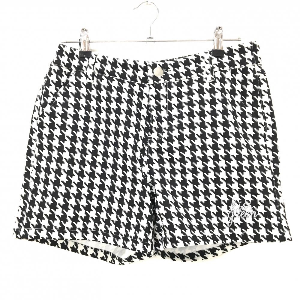 【超美品】キスオンザグリーン ショートパンツ 白×黒 千鳥柄 裾ロゴ刺しゅう レディース 3(L) ゴルフウェア kiss on the green
