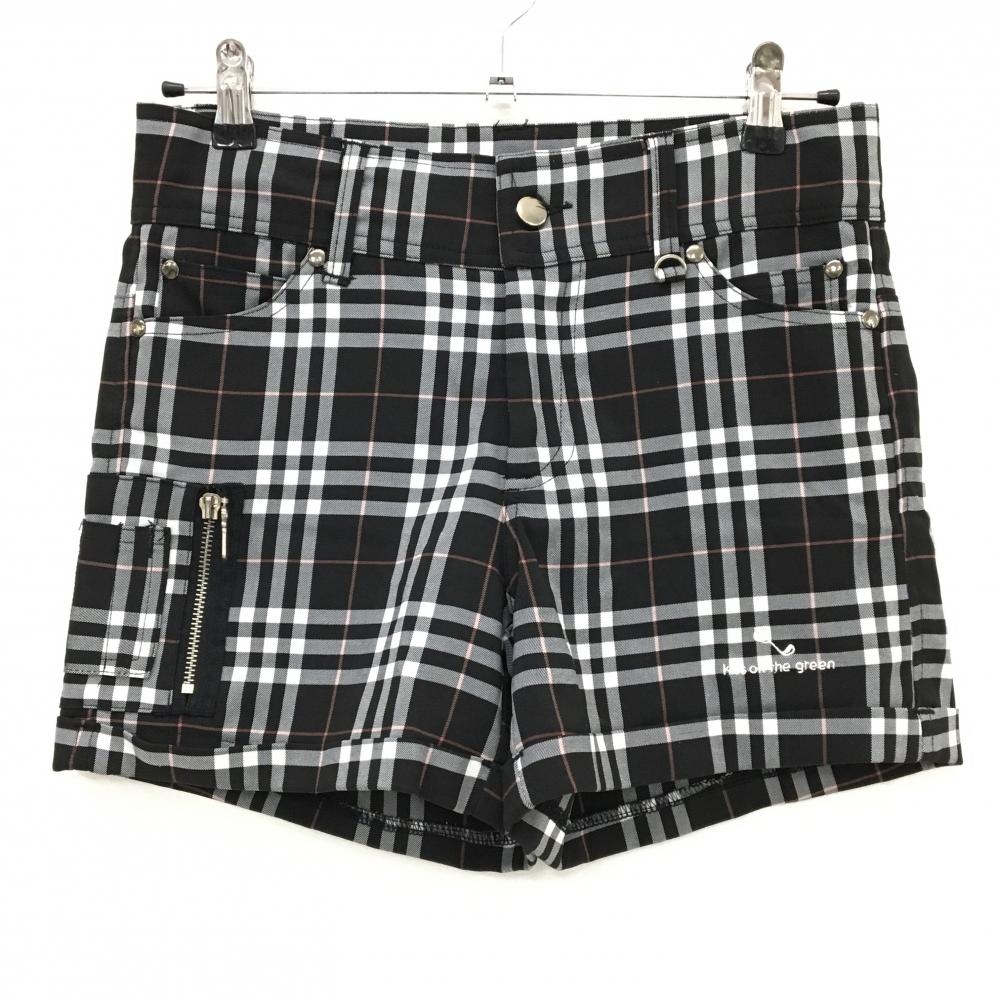 【超美品】キスオンザグリーン ショートパンツ 黒×白 チェック ティー装着可 裏地付 レディース S ゴルフウェア kiss on the green