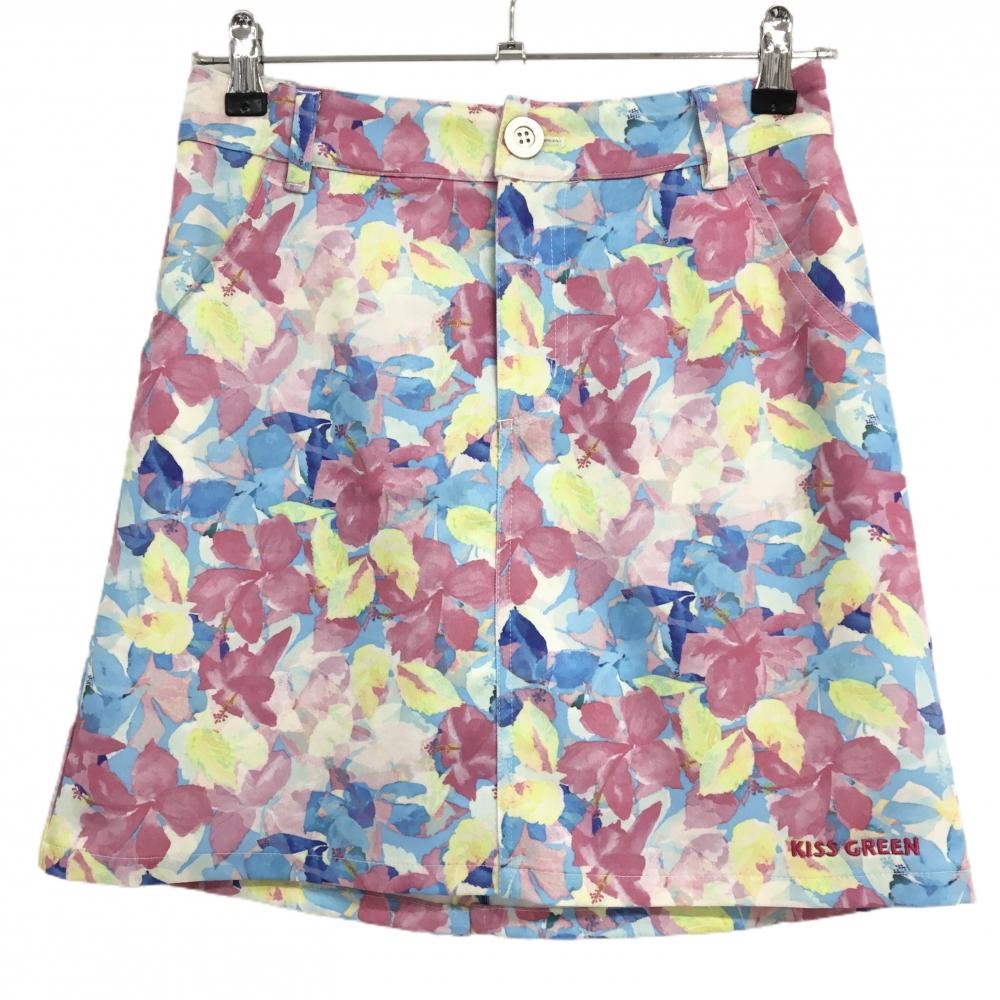 【美品】キスオンザグリーン スカート ピンク×ライトブルー ハイビスカス柄 花柄  レディース 2(M) ゴルフウェア kiss on the green