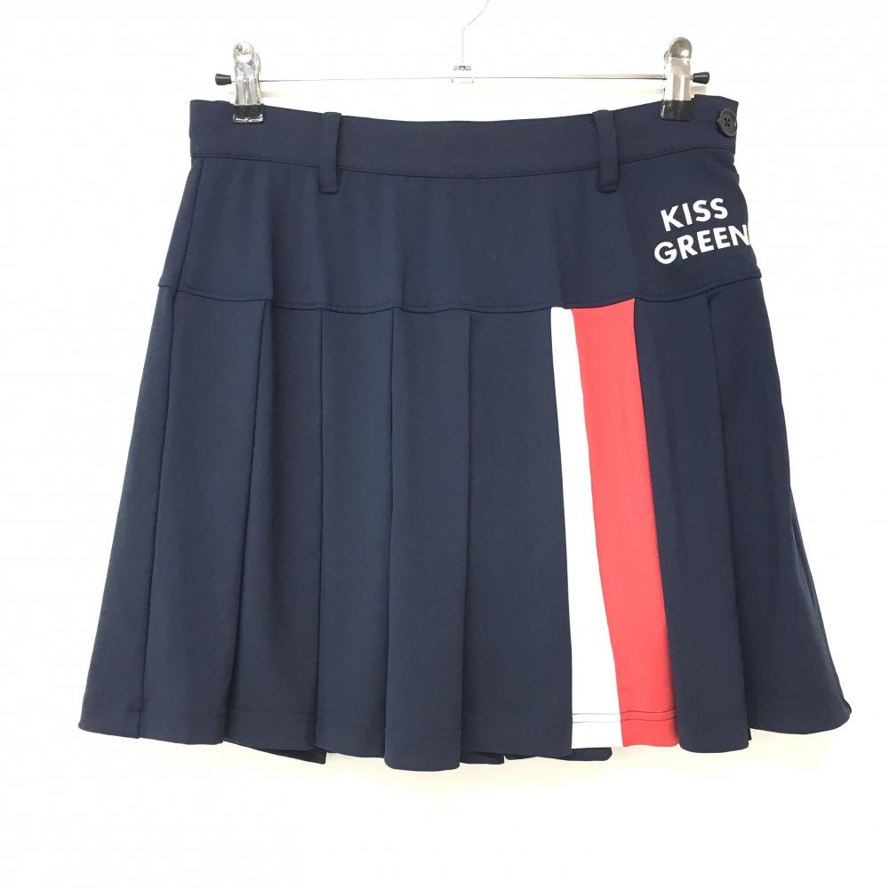 【超美品】キスオンザグリーン プリーツスカート ネイビー×レッド ロゴ刺しゅう レディース 3(L) ゴルフウェア kiss on the green