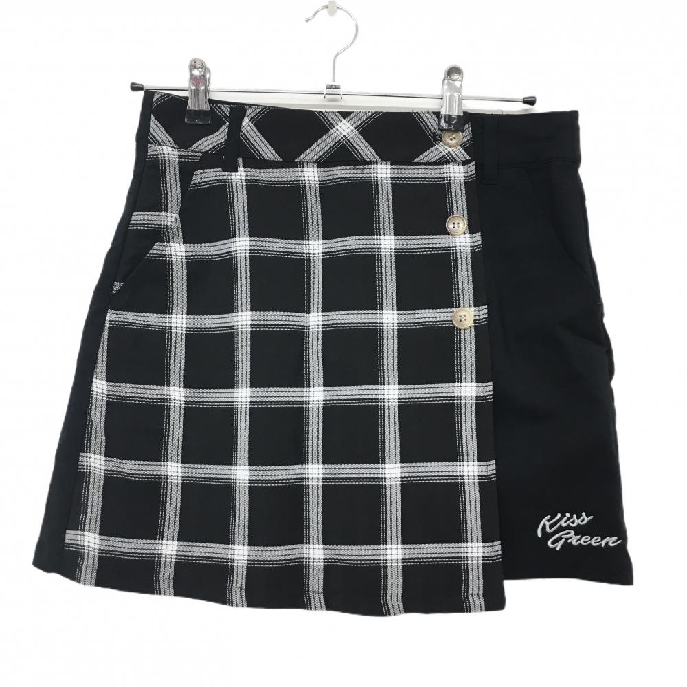 【美品】キスオンザグリーン スカート 黒×白 フロント格子柄 ラップスカート風 裾ロゴ  レディース 2(M) ゴルフウェア kiss on the green