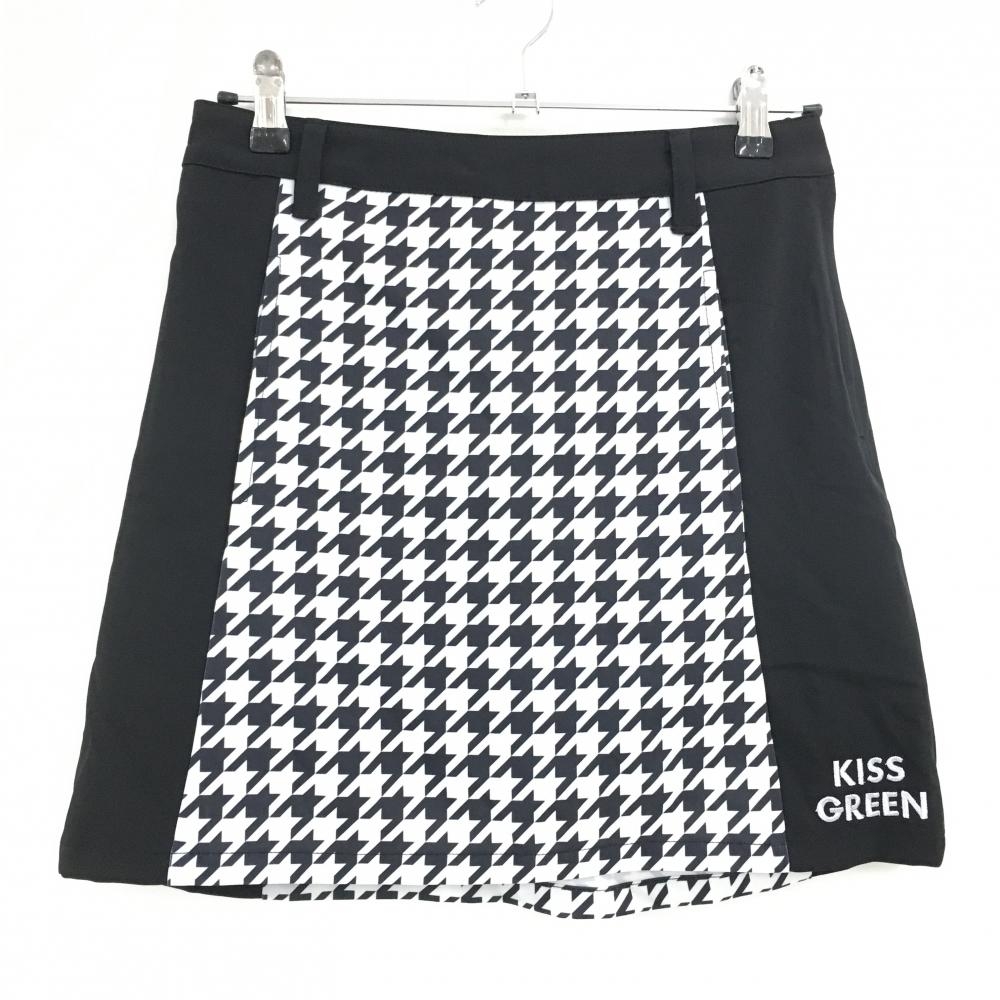 【超美品】キスオンザグリーン スカート 黒×白 一部千鳥格子 ロゴ刺しゅう  レディース 3(L) ゴルフウェア kiss on the green