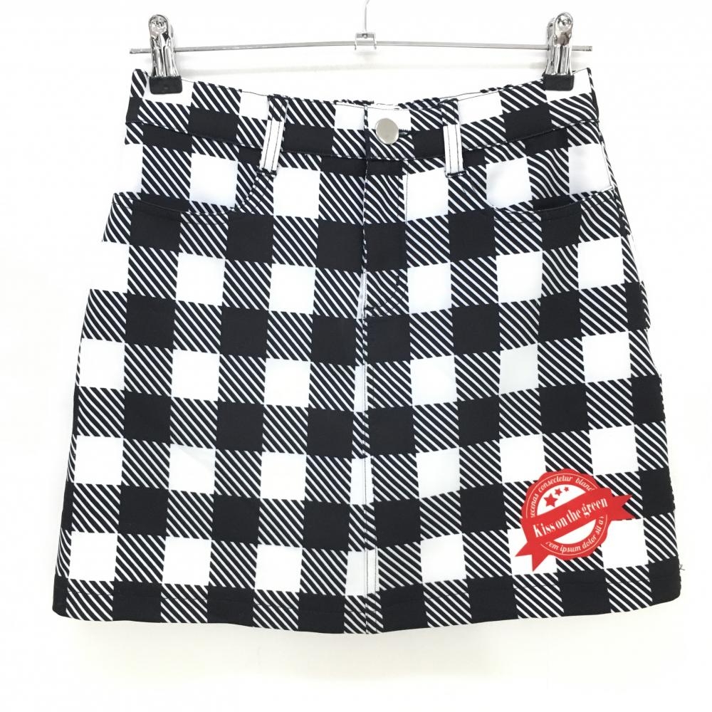 【超美品】キスオンザグリーン スカート 白×黒 チェック柄 裾ロゴ ウエストゴム レディース 2(M) ゴルフウェア kiss on the green