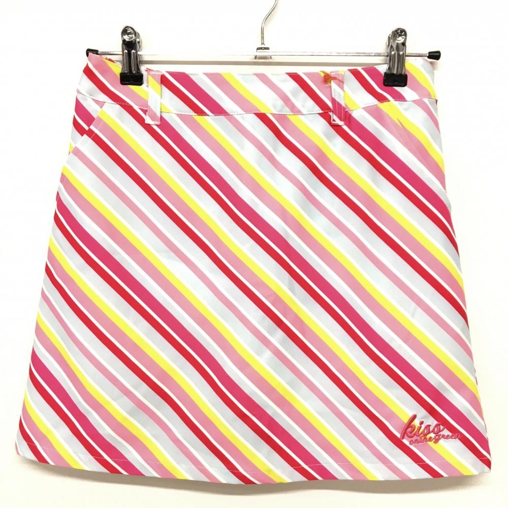 【新品】キスオンザグリーン スカート ピンク×ライムイエロー系 斜めストライプ  レディース 2(M) ゴルフウェア kiss on the green