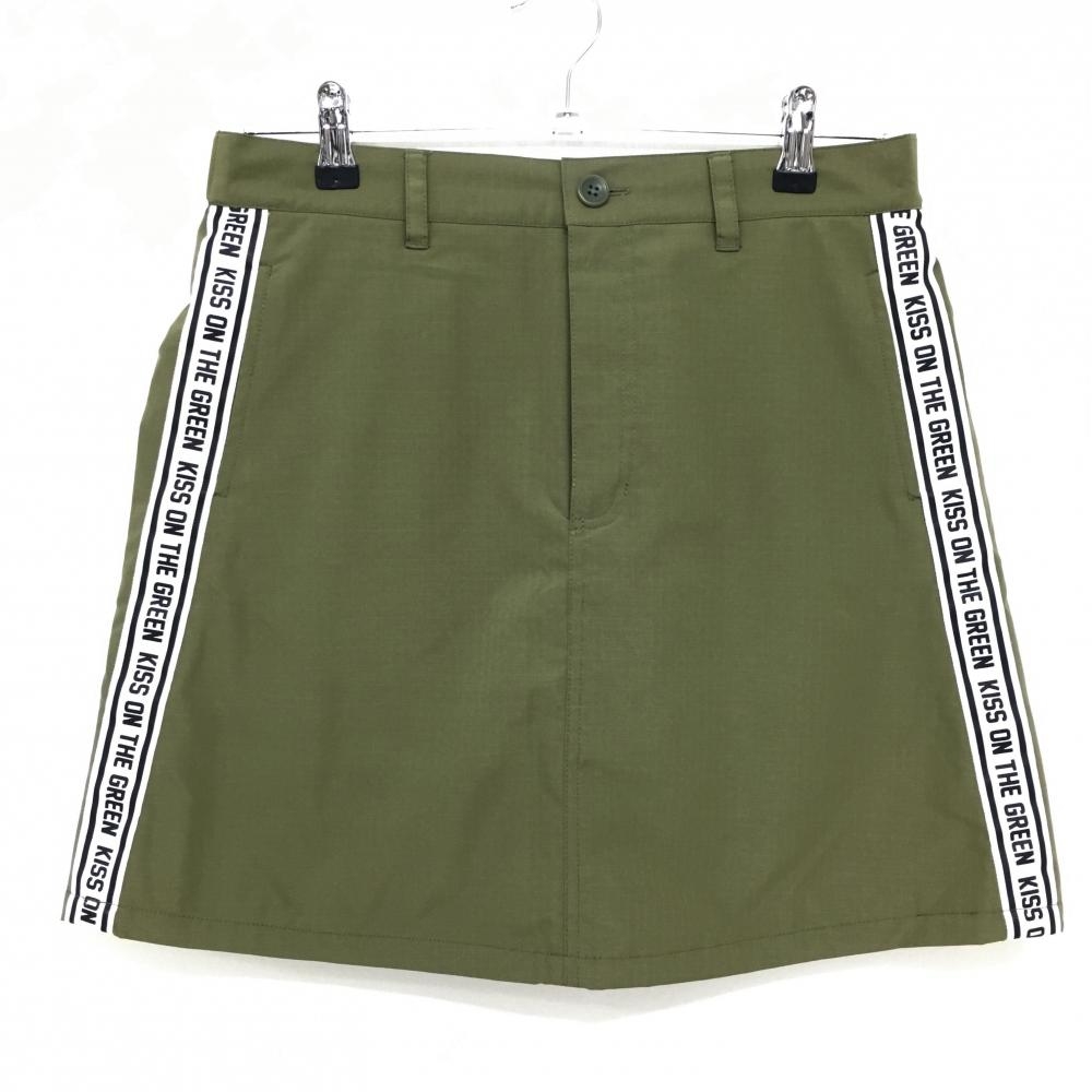 【超美品】キスオンザグリーン スカート カーキ×白 サイドロゴライン 裏起毛  レディース 3(L) ゴルフウェア kiss on the green