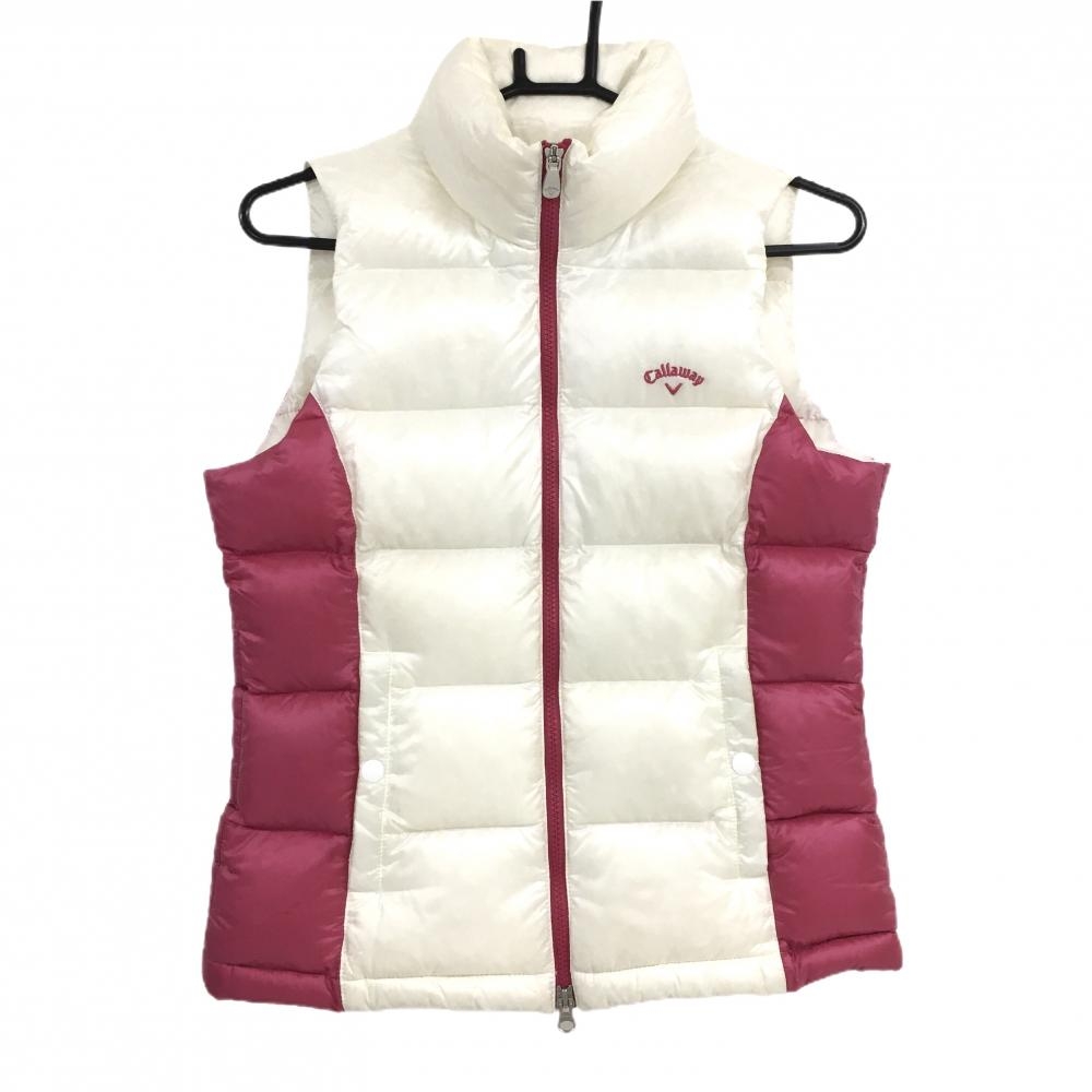 キャロウェイ ダウンベスト 白×ピンク ロゴ刺しゅう 裾ドローコード  レディース L ゴルフウェア Callaway