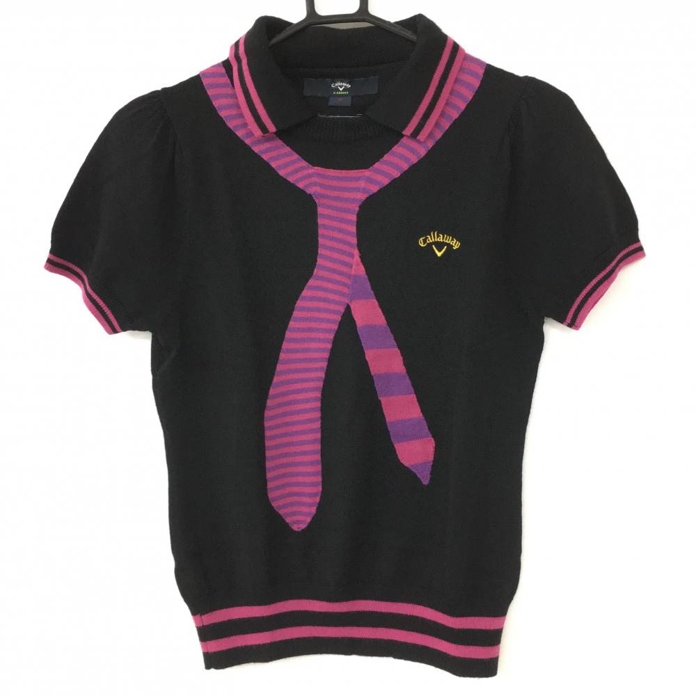 【美品】Callaway キャロウェイ 半袖セーター 黒×ピンク ウール混 襟付き レディース M ゴルフウェア