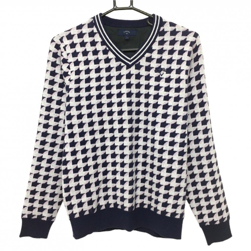 【美品】キャロウェイ セーター 白×ネイビー×ピンク 総柄 ニット アクリル混 Vネック 裏地付 レディース L ゴルフウェア Callaway