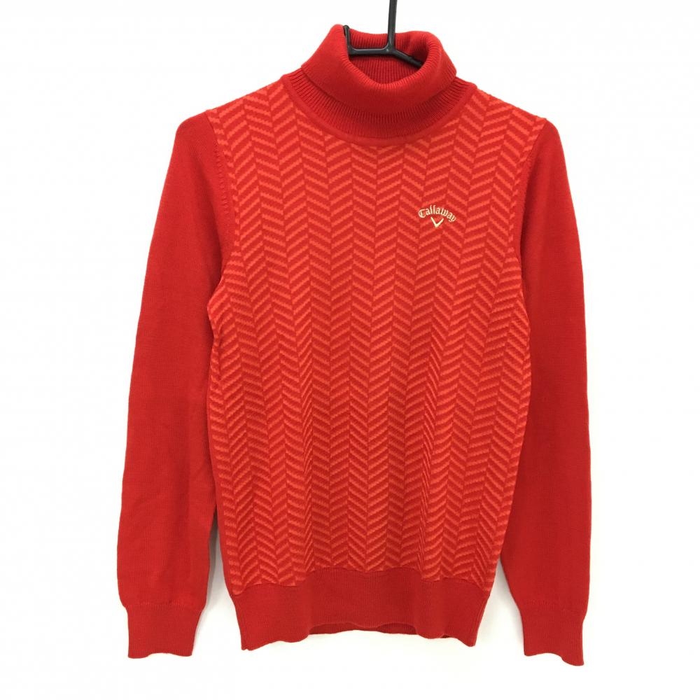 【超美品】キャロウェイ タートルネックセーター レッド×オレンジ 身頃ヘリンボーン柄 ウール混 レディース L ゴルフウェア Callaway