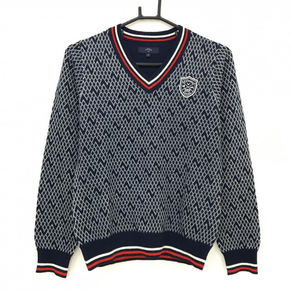 【美品】キャロウェイ セーター ネイビー×白 細ダイヤ柄 胸元ワッペン Vネック ウール混 レディース M ゴルフウェア Callaway
