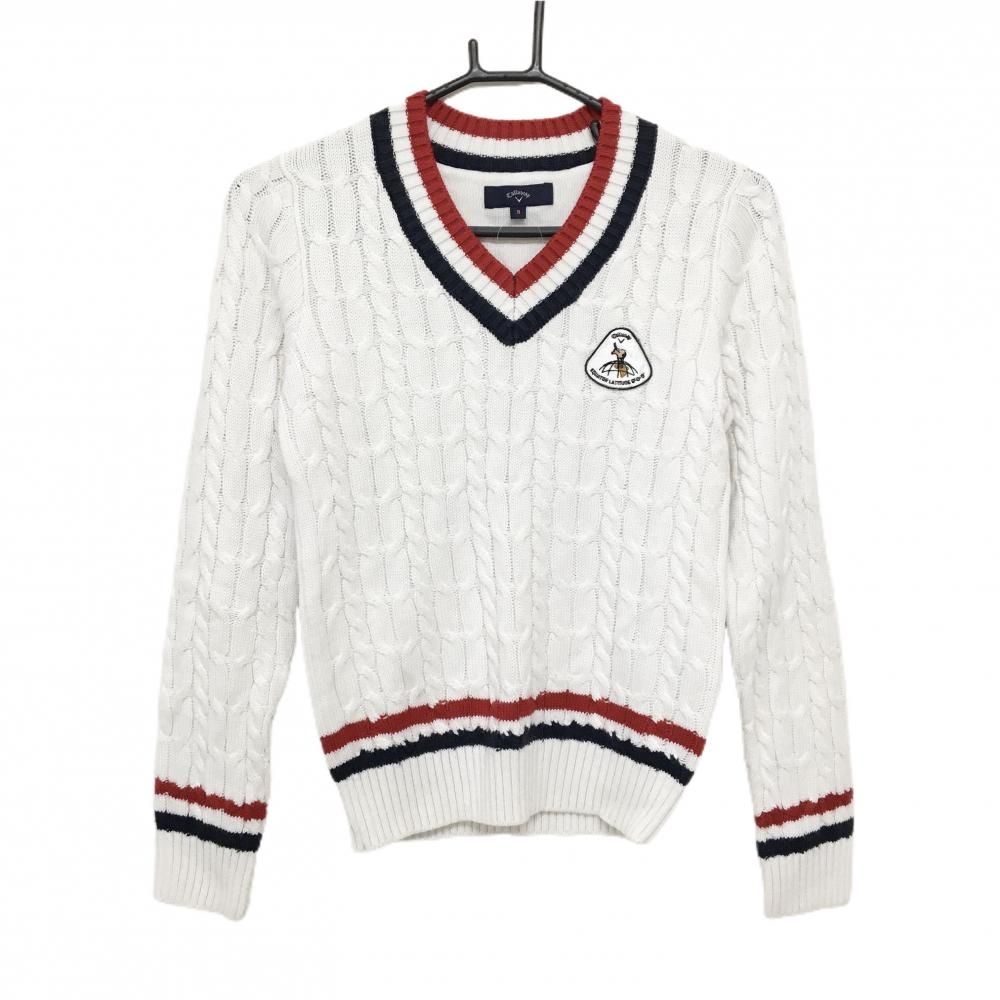 【美品】キャロウェイ セーター 白×ネイビー×レッド ケーブル編み ニット ウール混 Vネック レディース S ゴルフウェア Callaway
