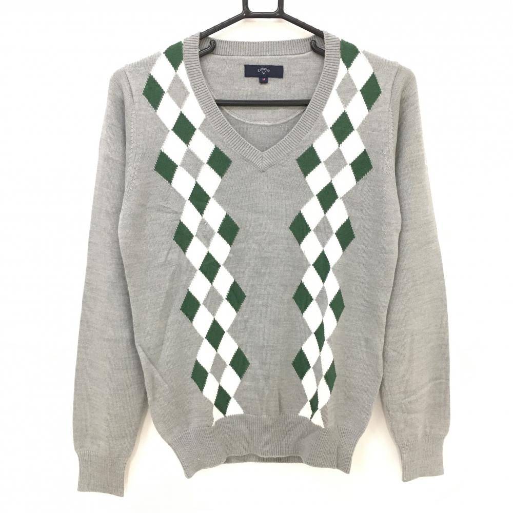 キャロウェイ セーター グレー×グリーン アーガイル風 Vネック ニット レディース M ゴルフウェア Callaway