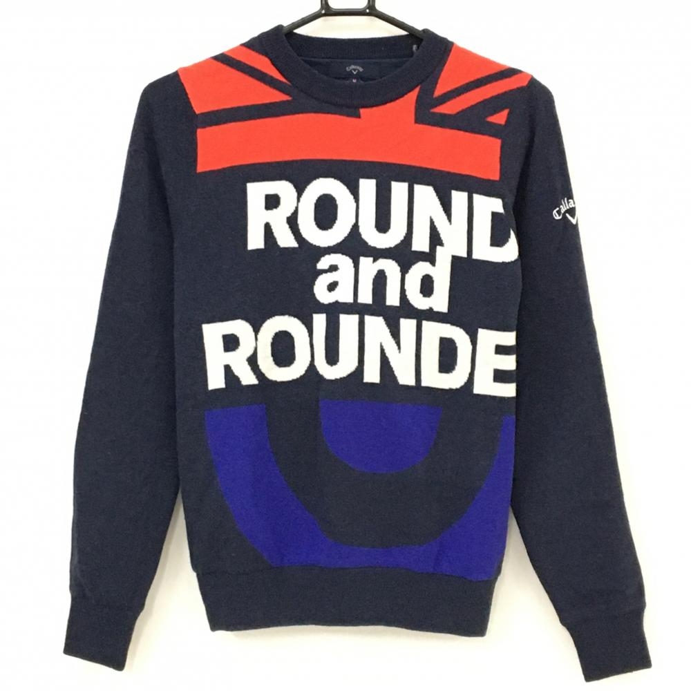 【美品】キャロウェイ セーター ネイビー×白 フロントロゴ 裏地付 ニット レディース M ゴルフウェア Callaway