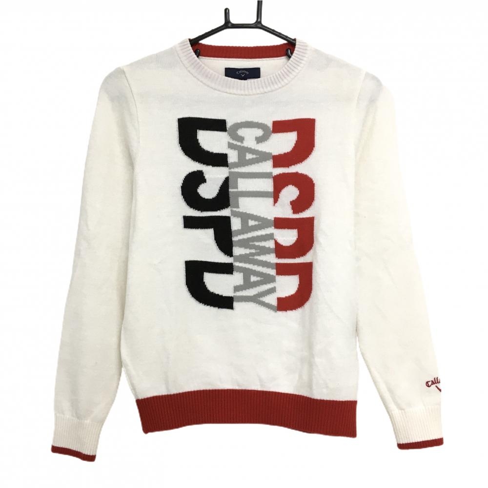 キャロウェイ セーター 白×レッド フロントロゴ ウール混 ニット レディース S ゴルフウェア Callaway