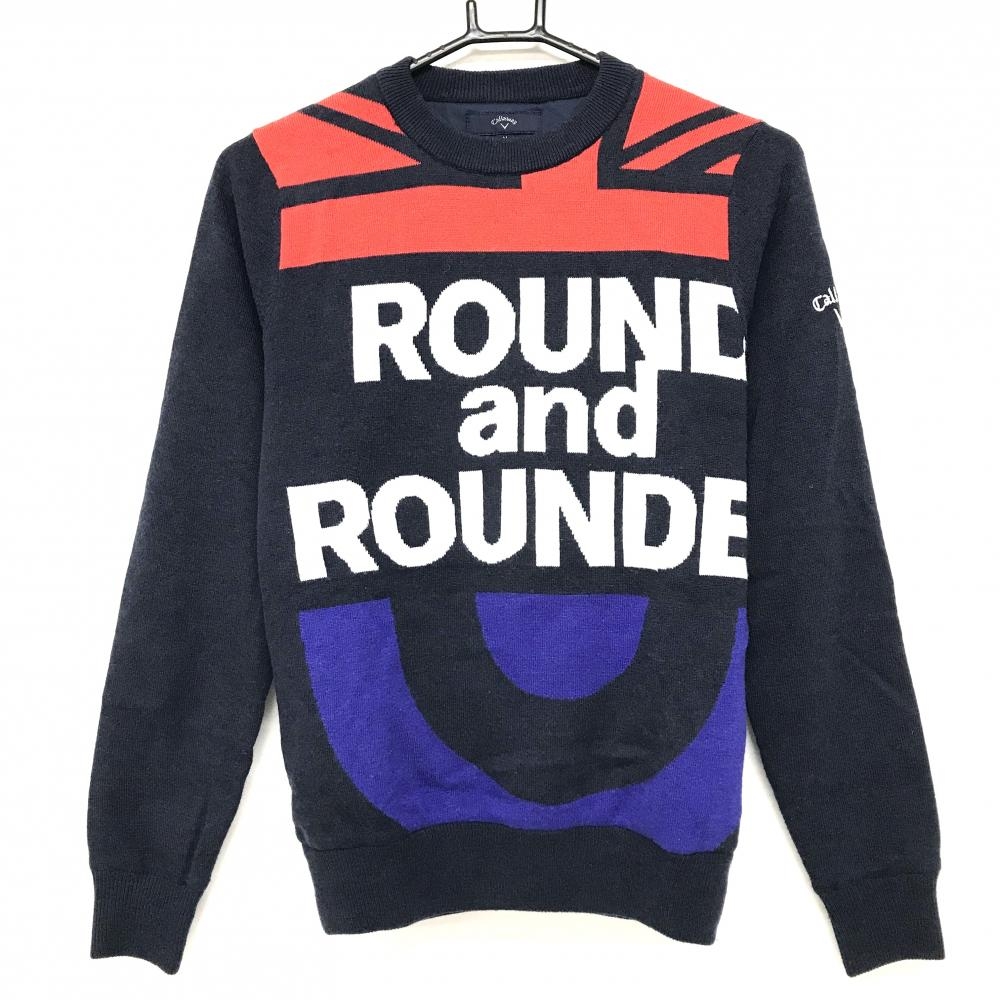 【美品】キャロウェイ セーター ネイビー×白 フロント英字 裏地付き ウール混 レディース M ゴルフウェア Callaway