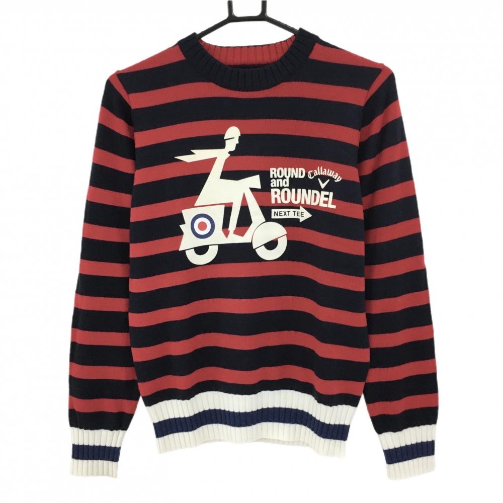 キャロウェイ セーター ネイビー×レッド ボーダー フロッキープリント リブライン ウール混 レディース M ゴルフウェア Callaway