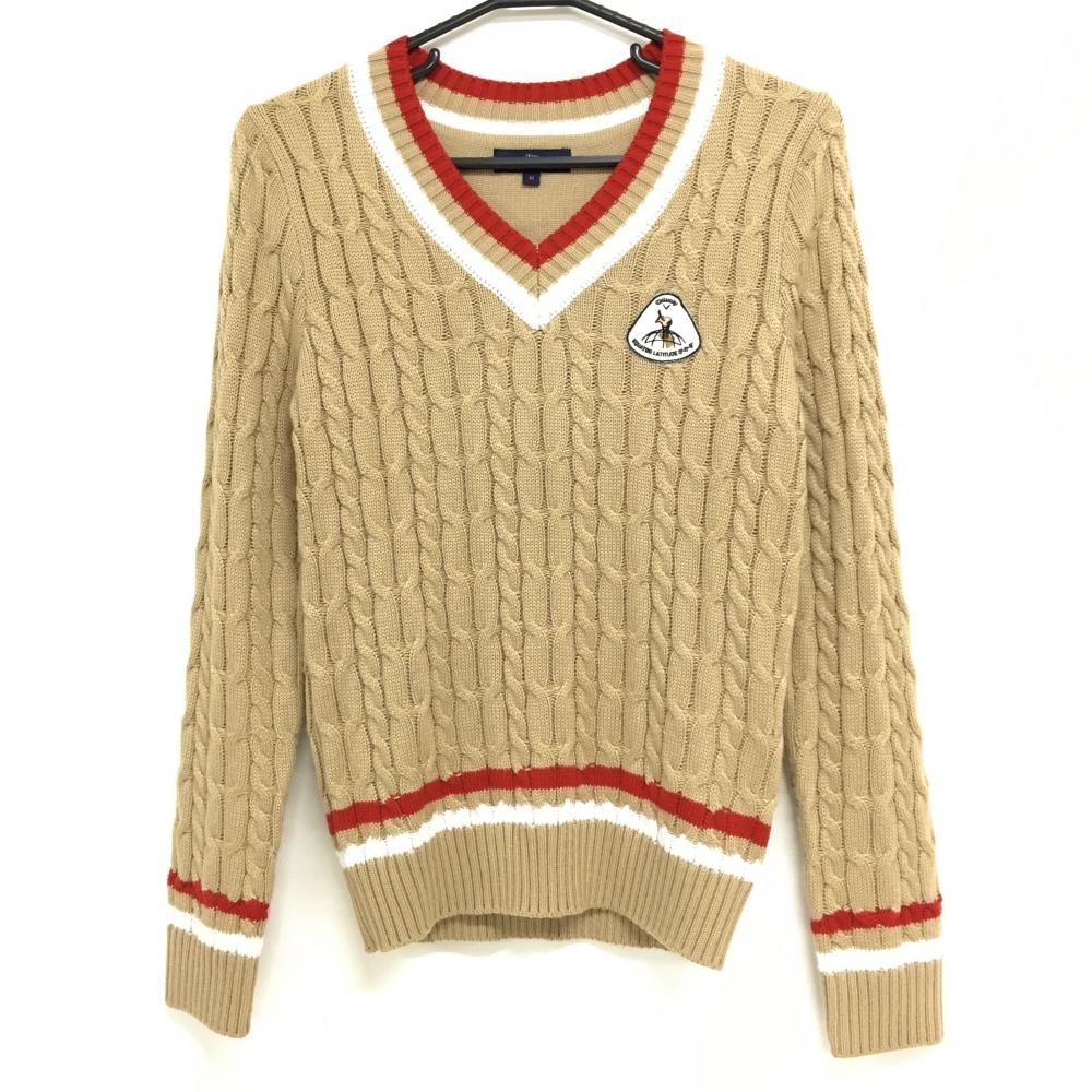【美品】キャロウェイ セーター ベージュ×レッド ケーブル編み 刺しゅうワッペン Vネック ニット レディース M ゴルフウェア Callaway