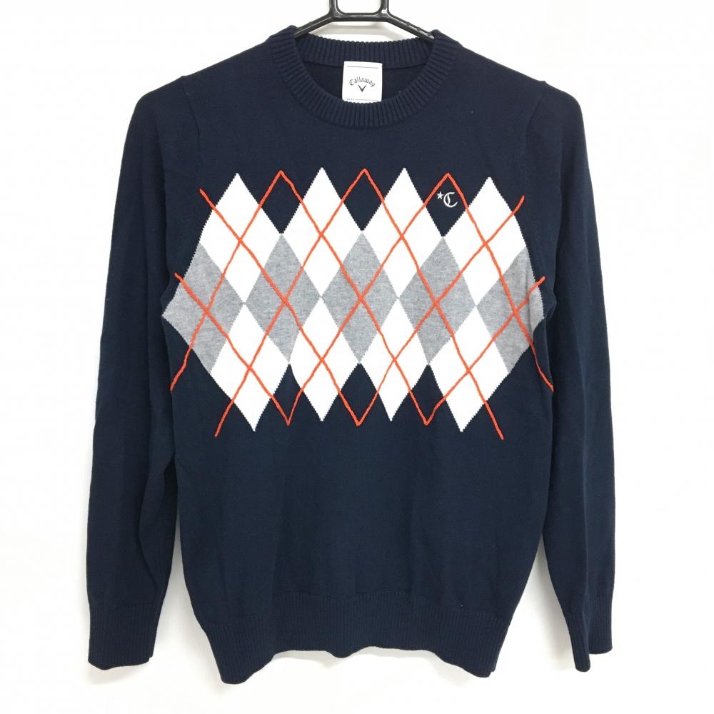 キャロウェイ セーター ネイビー×白 胸元アーガイル柄 カシミヤ混 ニット  レディース M ゴルフウェア Callaway