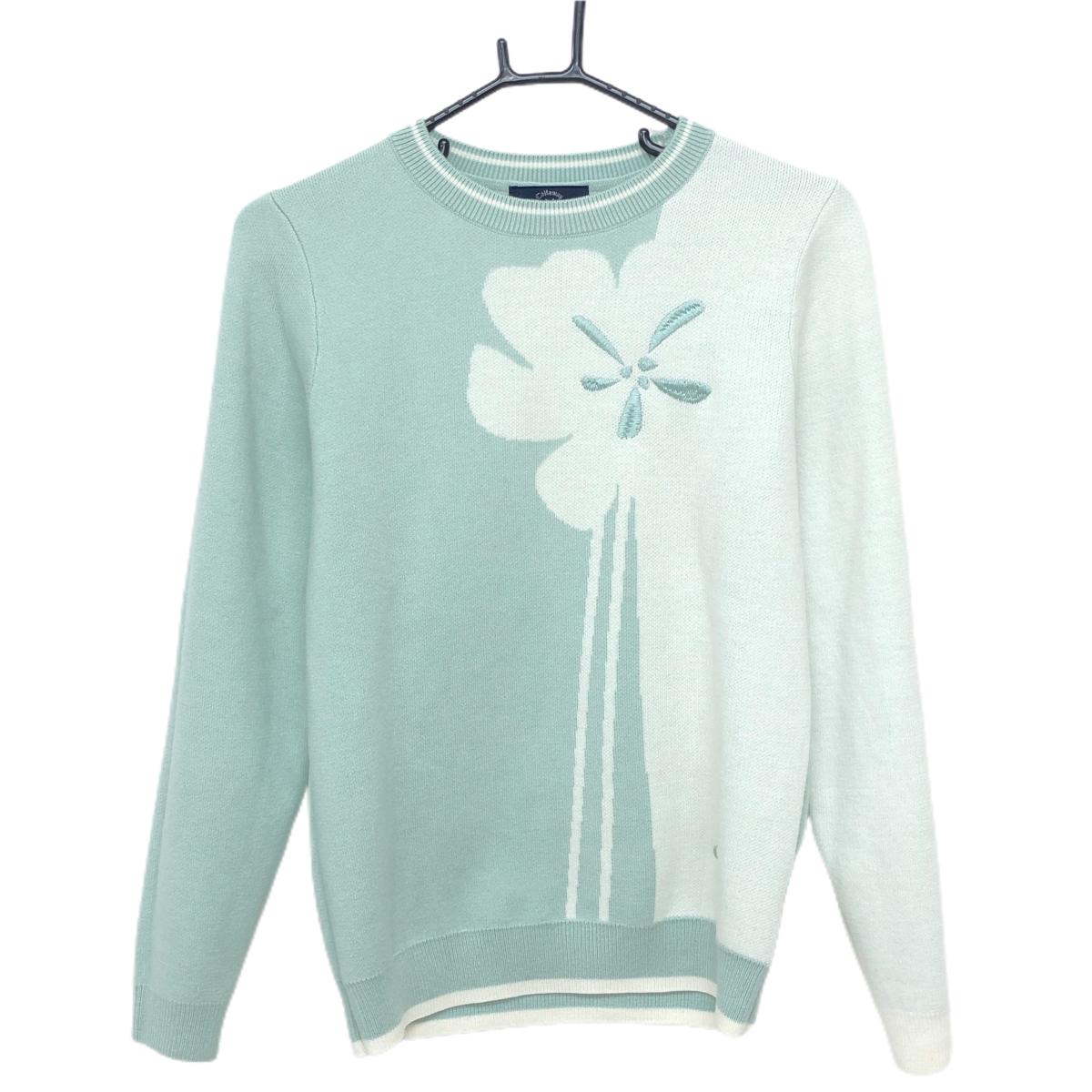 【超美品】キャロウェイ セーター ライトグリーン×白 バイカラー 花 ロゴ刺しゅう ニット レディース M ゴルフウェア Callaway
