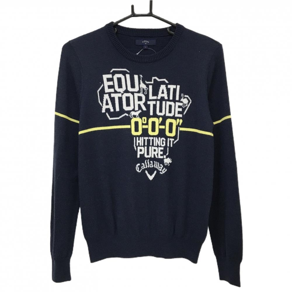 キャロウェイ セーター ネイビー×白 ラインイエロー ウール混 ニット レディース L ゴルフウェア Callaway