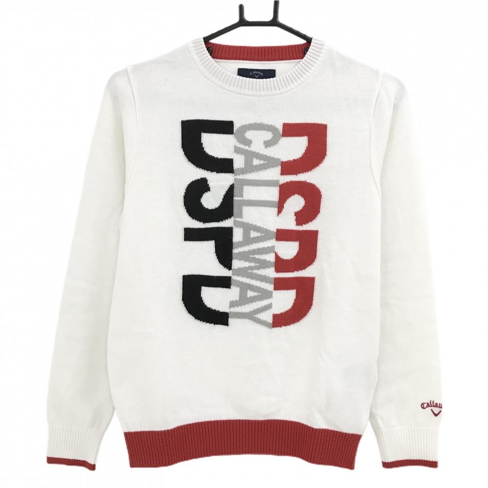 キャロウェイ セーター 白×レッド フロントロゴ ニット ウール混 レディース M ゴルフウェア Callaway