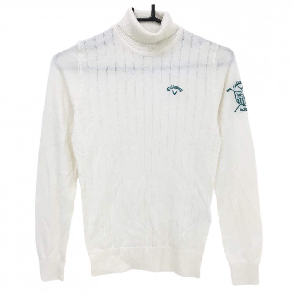 【美品】キャロウェイ タートルネックセーター 白 ストライプ織生地 ロゴグリーン ウール混 ニット レディース S ゴルフウェア Callaway