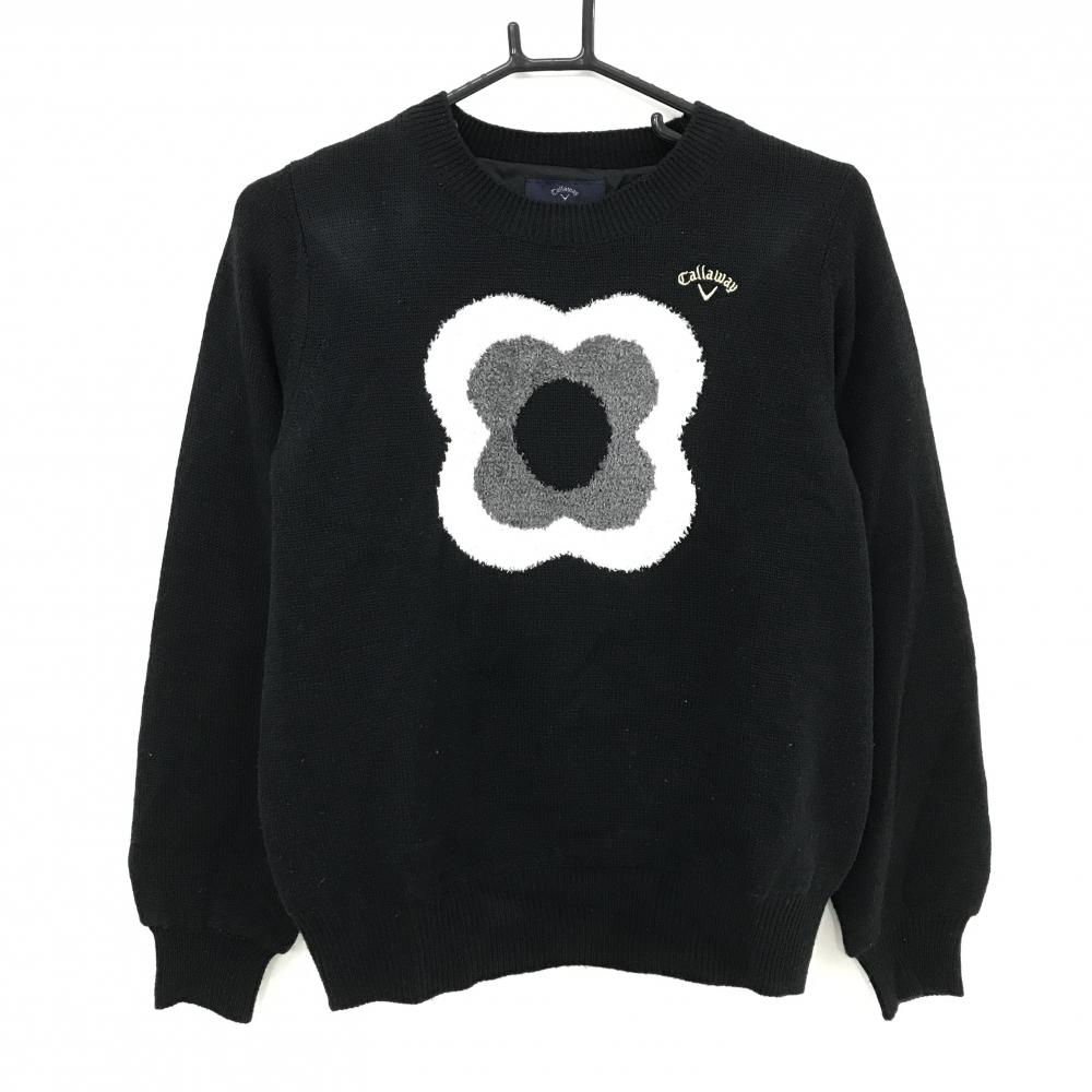 【美品】キャロウェイ セーター 黒×白 前面花柄 ウール混 裏地付 レディース M ゴルフウェア Callaway