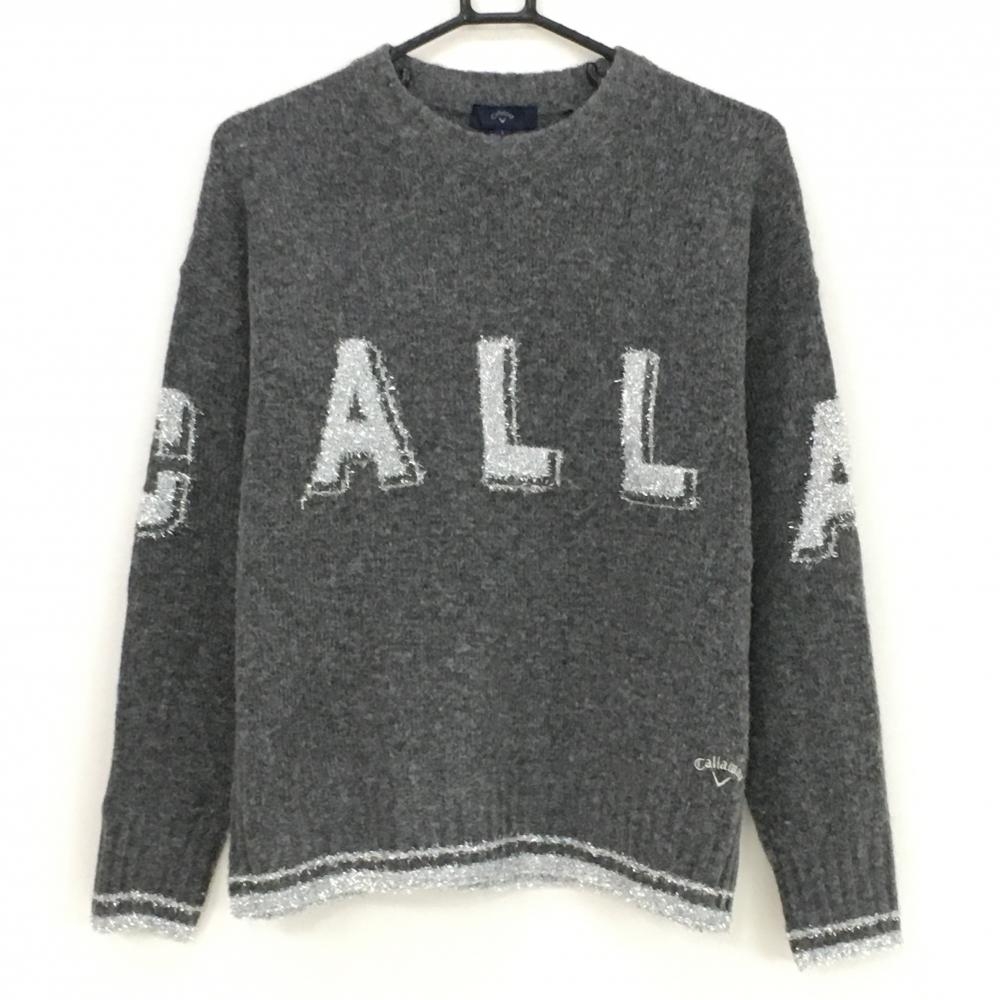 【美品】キャロウェイ セーター 杢グレー×シルバー フロントロゴ ウール混 ニット  レディース L ゴルフウェア 2024年モデル Callaway