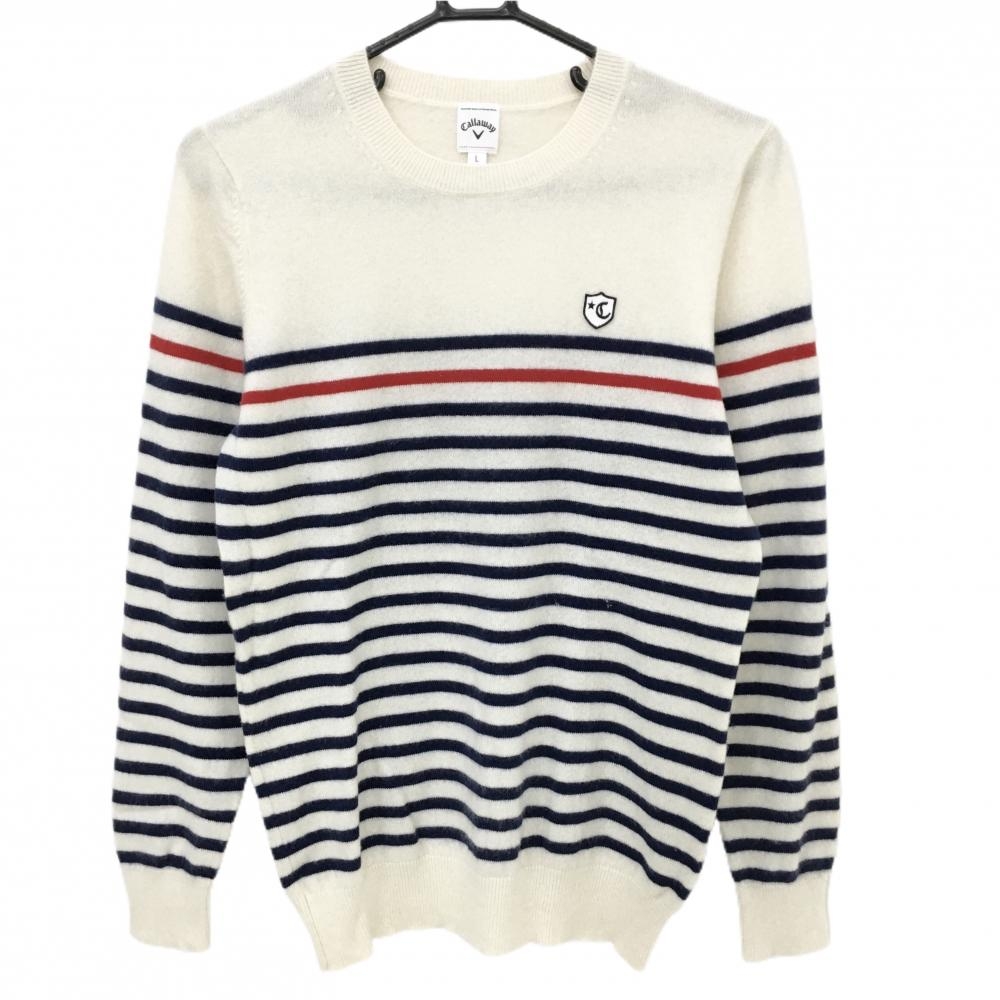 【美品】キャロウェイ セーター 白×ネイビー×レッド ボーダー カシミヤ100％ ニット  レディース L ゴルフウェア Callaway