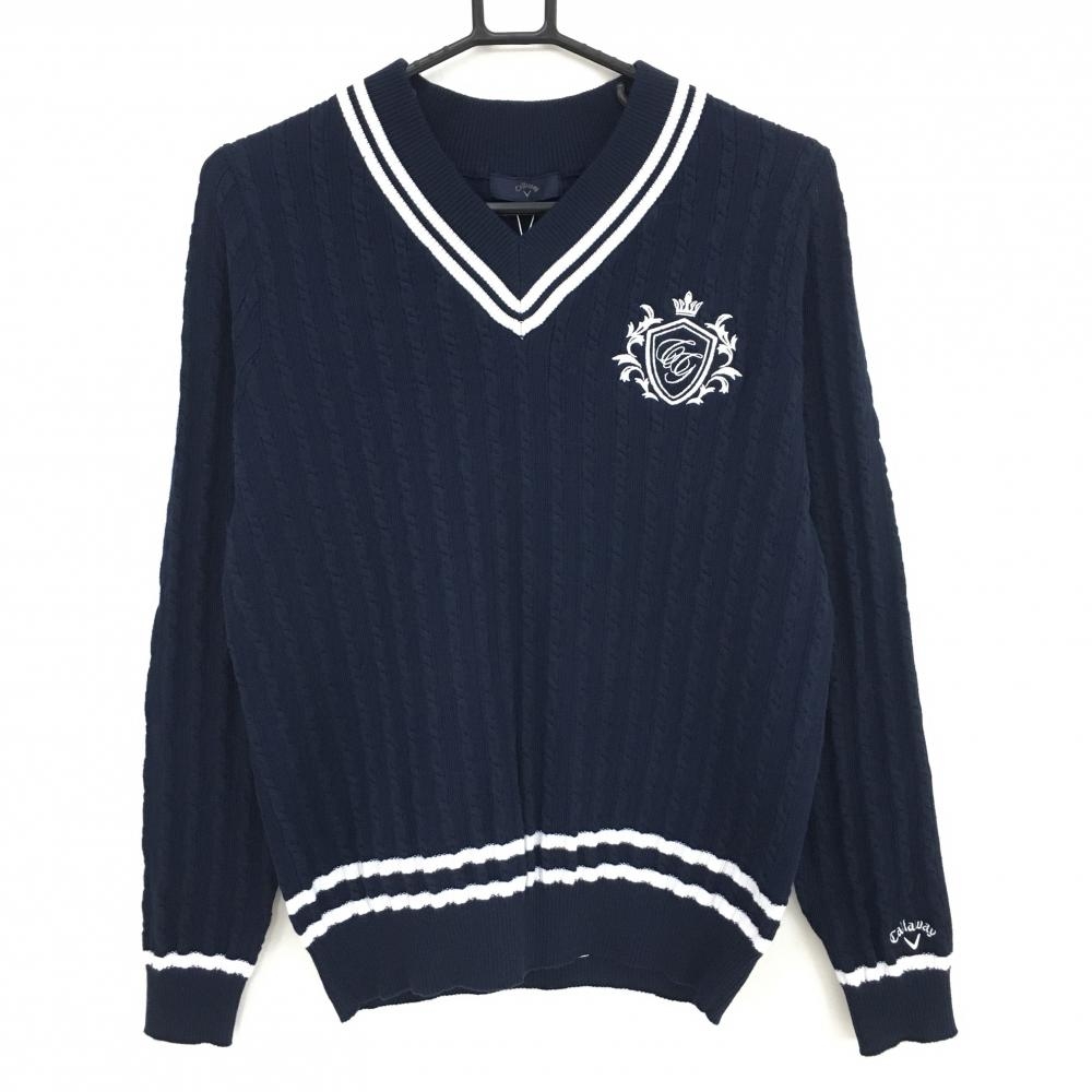 【新品】キャロウェイ セーター ネイビー×白 ケーブル編み Vネック ニット レディース L ゴルフウェア 2025年モデル Callaway