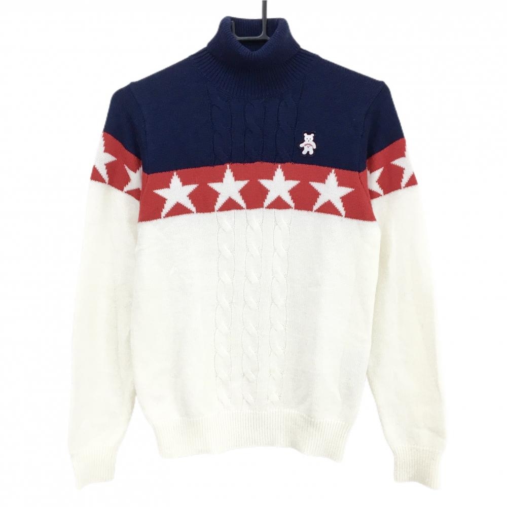 【美品】キャロウェイ タートルネックセーター ネイビー×レッド×白 クマ 星 ニット レディース M ゴルフウェア Callaway