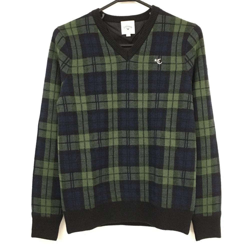 【美品】キャロウェイ セーター ネイビー×グリーン チェック ウール混 裏地付 ニット  レディース M ゴルフウェア Callaway