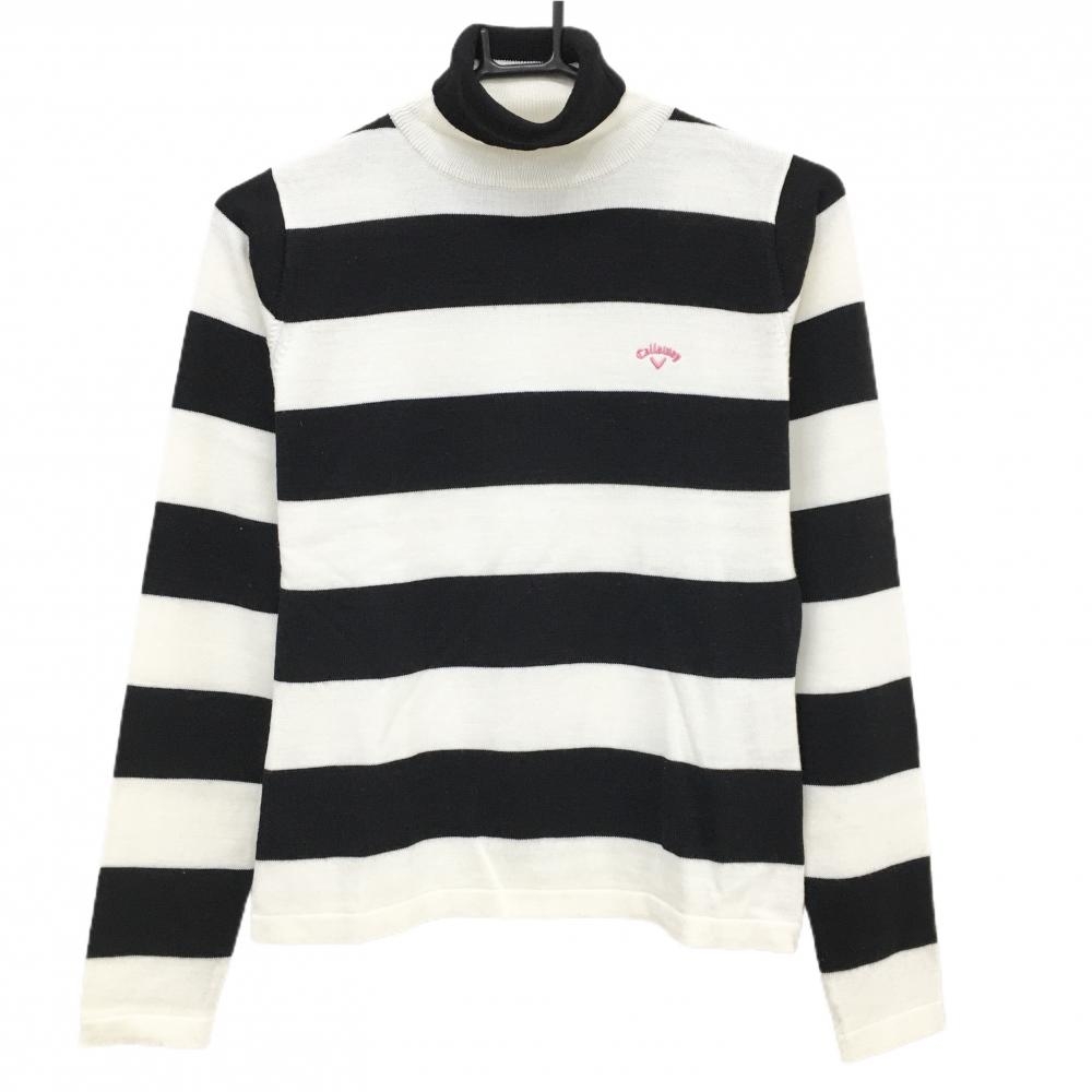 【超美品】キャロウェイ ハイネックセーター 白×黒 ボーダー ロゴ刺しゅう ニット ウール混  レディース M ゴルフウェア Callaway