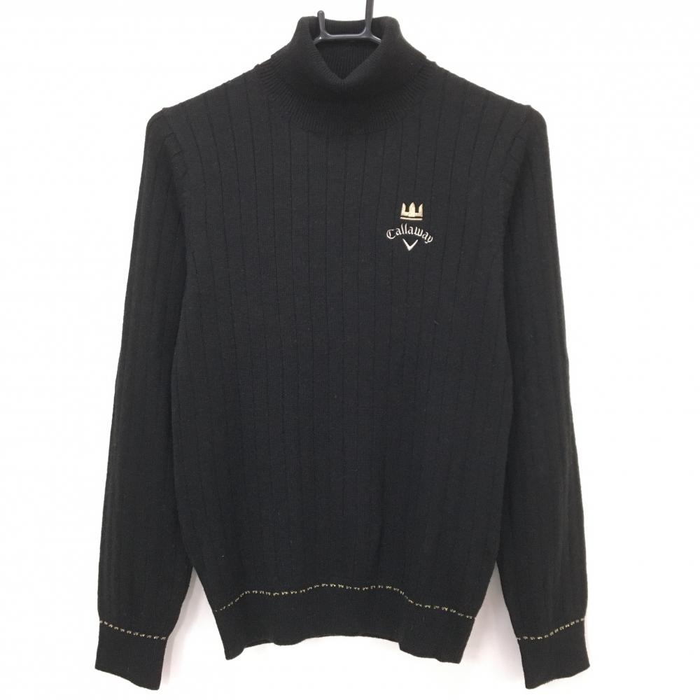 【美品】キャロウェイ ハイネックセーター 黒 ゴールドロゴ ウール混 ニット レディース L ゴルフウェア Callaway