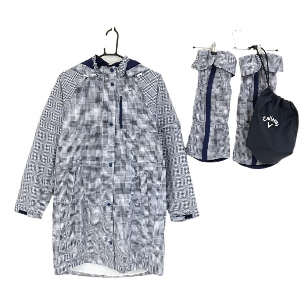 【美品】キャロウェイ レインウェア(4WAYレインワンピース×レッグカバー) ネイビー×白 レディース L ゴルフウェア Callaway
