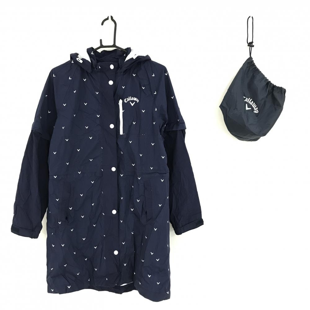 【超美品】キャロウェイ 4WAYレインワンピース ネイビー×白 ロゴ総柄 裏地メッシュ 袖フード着脱可  レディース LL ゴルフウェア Callaway