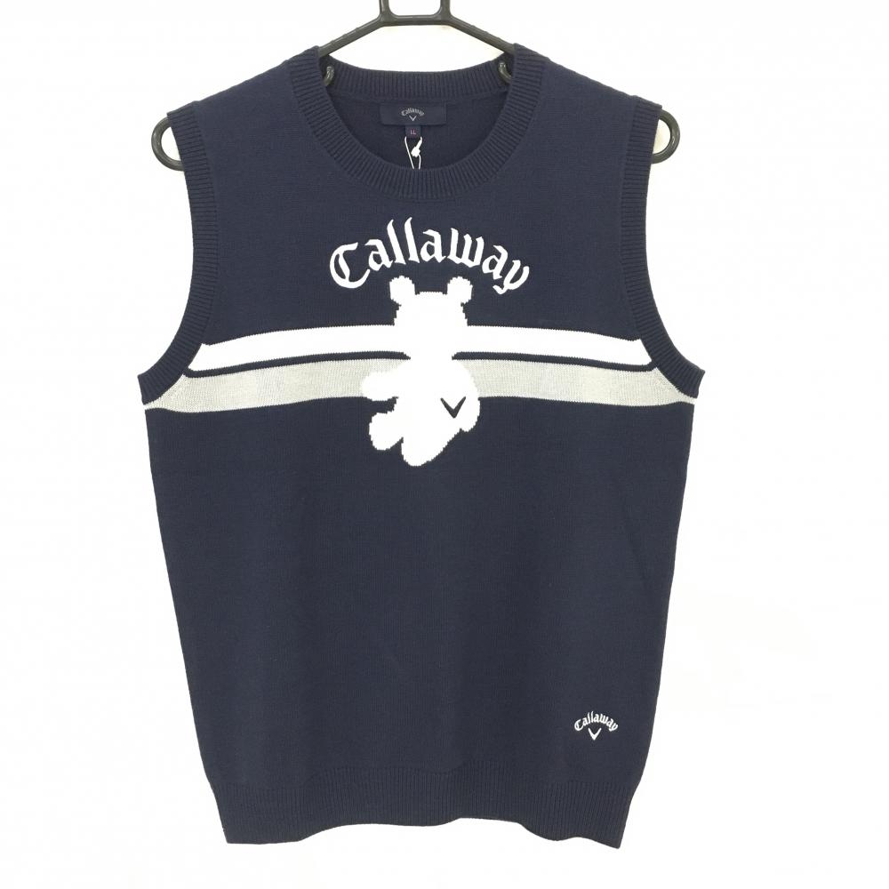 【新品】キャロウェイ ニットベスト ネイビー×白 ベア ウール混   レディース LL ゴルフウェア 2022年モデル Callaway