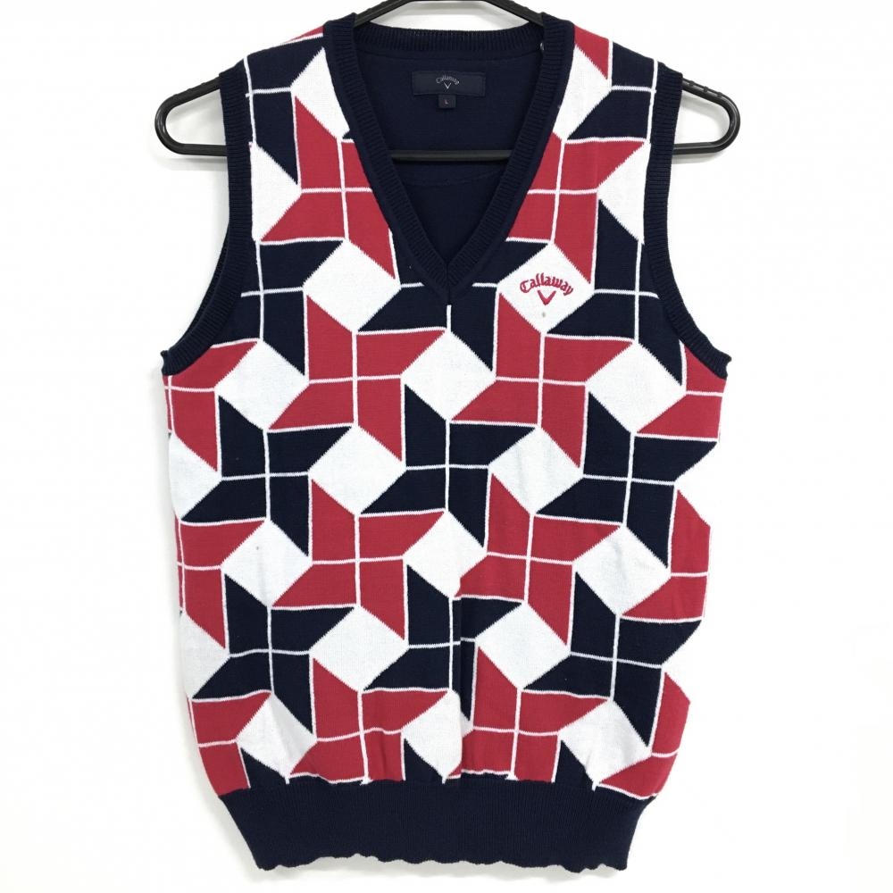 キャロウェイ ニットベスト ネイビー×ピンク 前面手裏剣柄 コットン混 Vネック レディース L ゴルフウェア Callaway