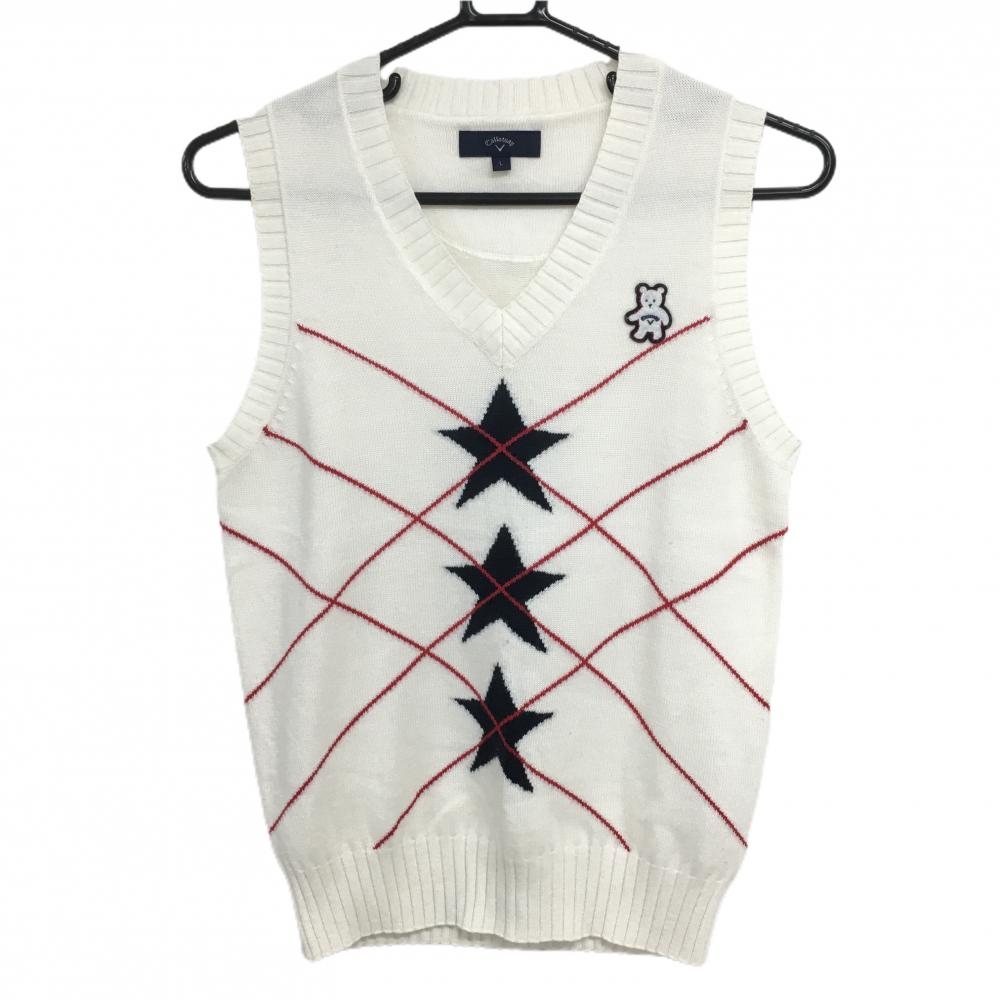 【美品】キャロウェイ ニットベスト 白×レッド×ネイビー 一部星柄×チェック ウール混 Vネック レディース L ゴルフウェア Callaway