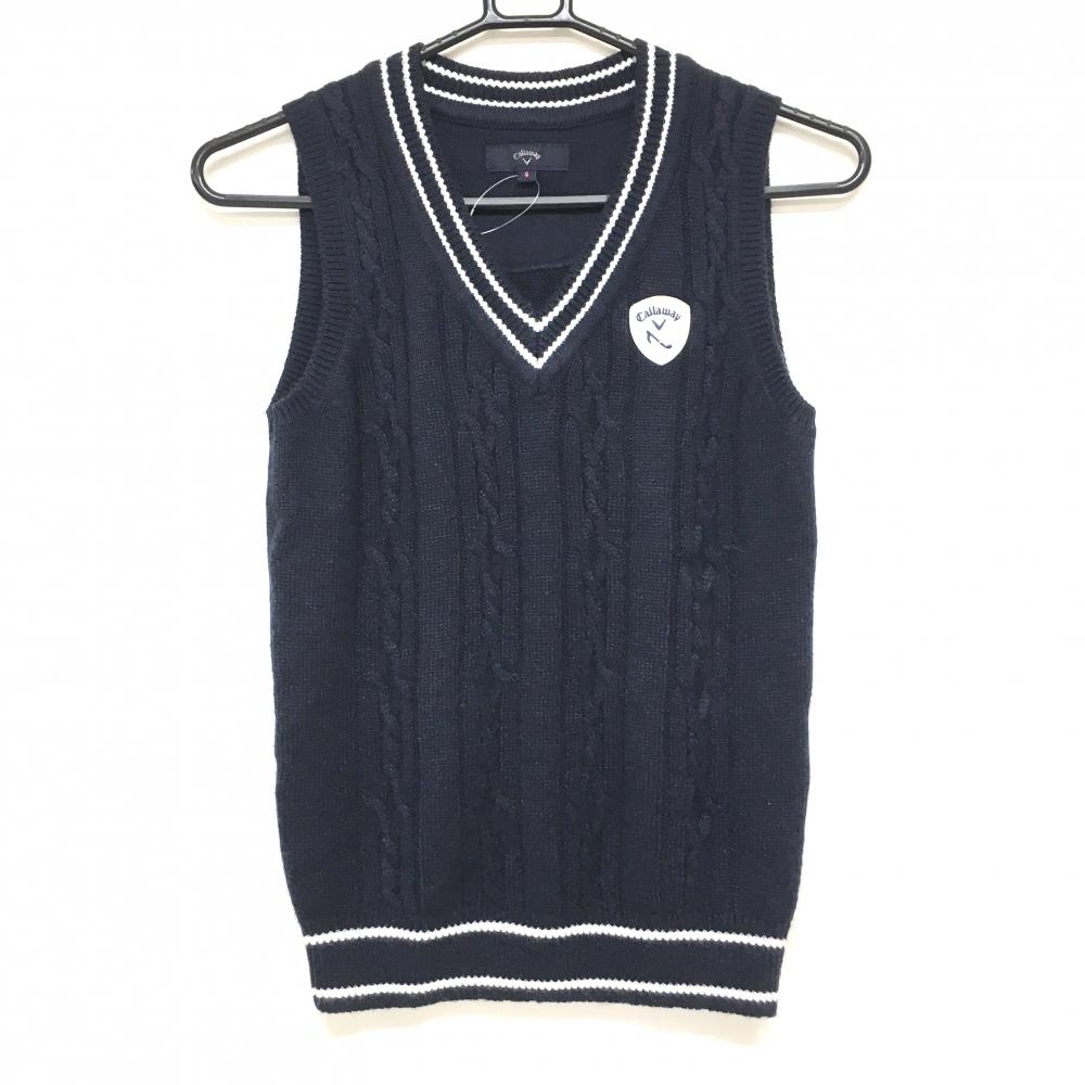 【超美品】キャロウェイ ニットベスト ネイビー×白 Vネック ワッペン レディース S ゴルフウェア Callaway