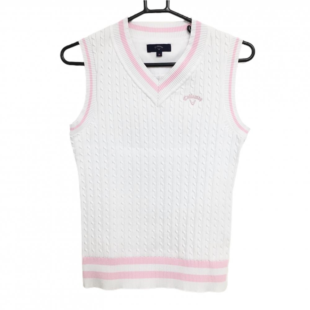 【美品】キャロウェイ ニットベスト 白×ライトピンク ケーブル編み 胸ロゴ Vネック  レディース M ゴルフウェア Callaway