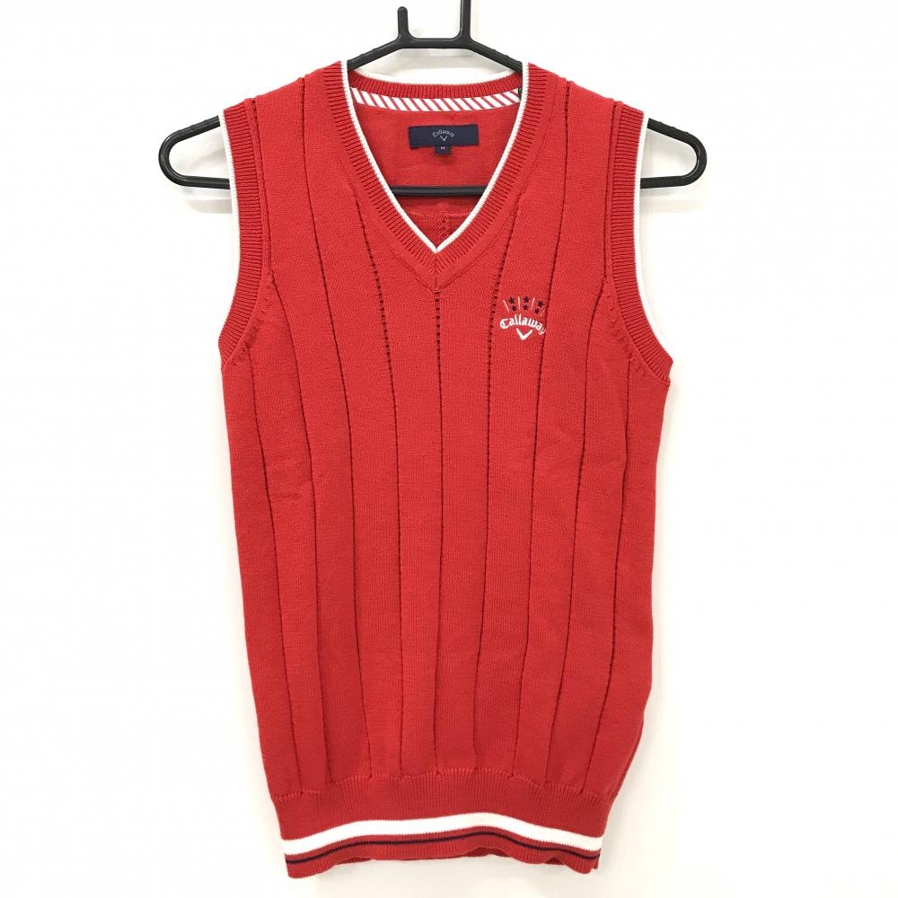 【超美品】キャロウェイ ニットベスト レッド×白 Vネック コットン混 ロゴ刺しゅう レディース M ゴルフウェア Callaway