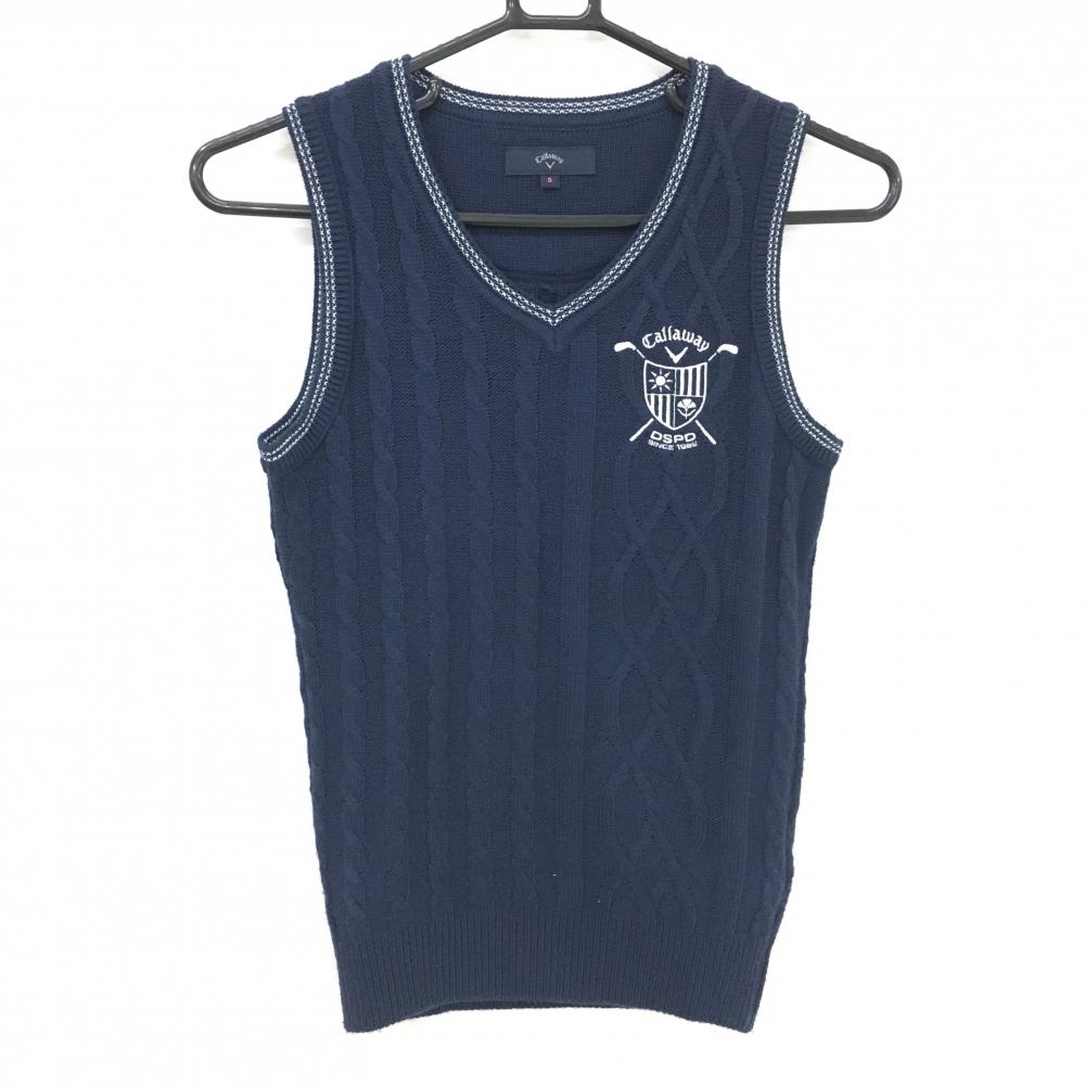 キャロウェイ ニットベスト ネイビー×白 ロゴ刺しゅう ケーブル編み ウール混  レディース S ゴルフウェア Callaway