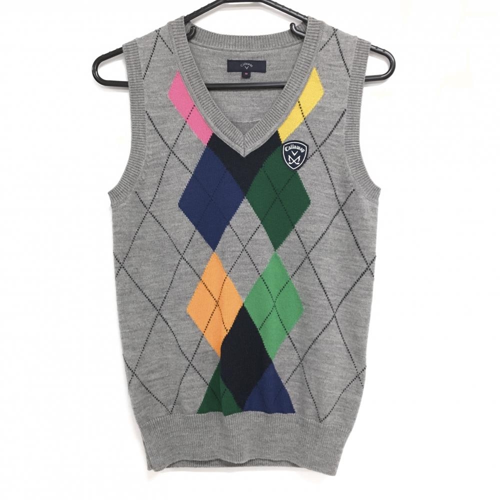 【美品】キャロウェイ ニットベスト グレー×マルチ 前面アーガイル 刺しゅうワッペン Vネック レディース M ゴルフウェア Callaway