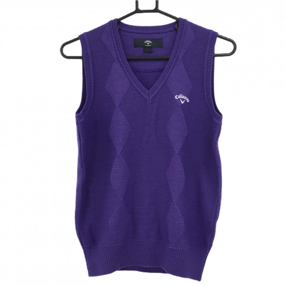 キャロウェイ ニットベスト パープル Vネック 一部ダイヤ柄編み ロゴ刺しゅう レディース L ゴルフウェア Callaway