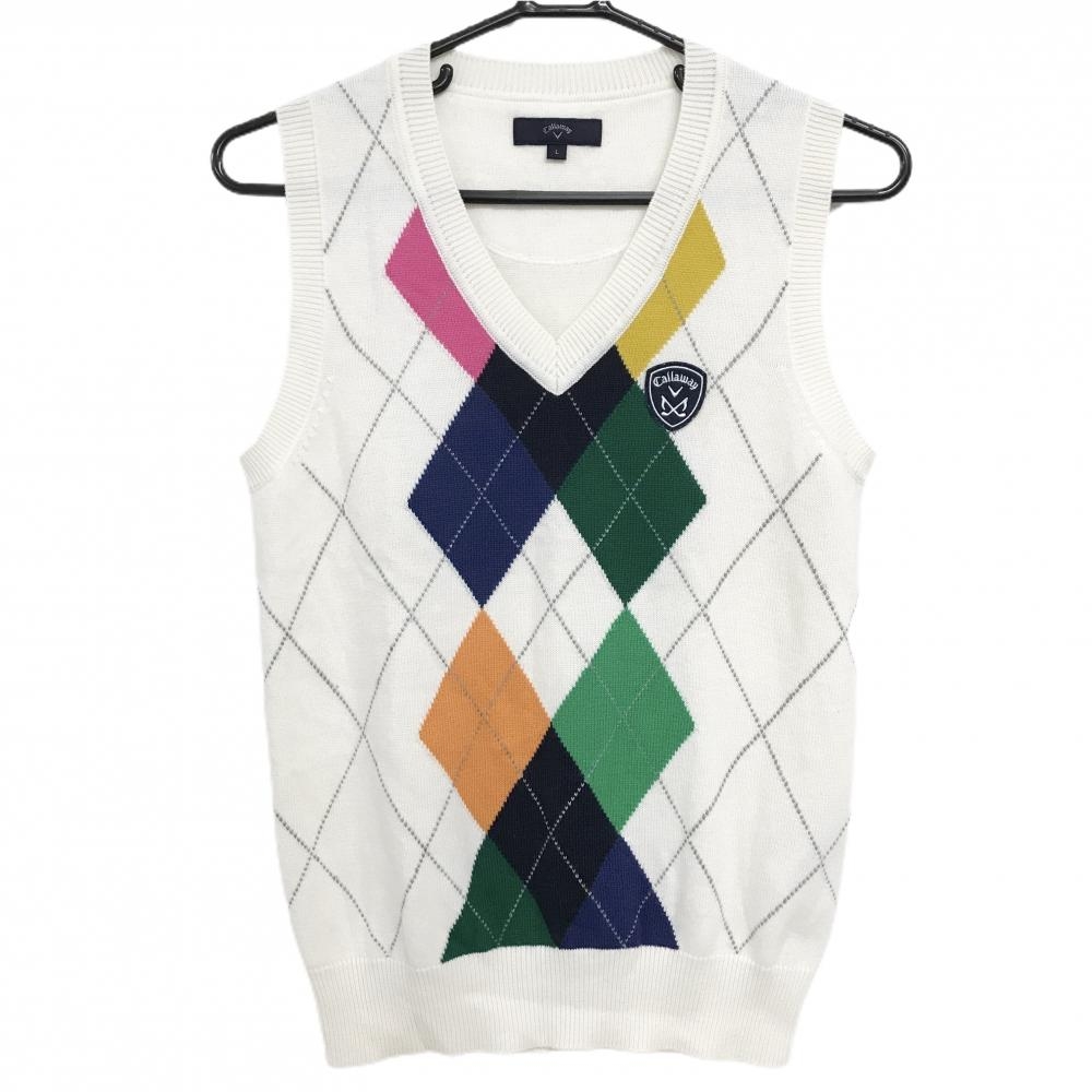 【美品】キャロウェイ ニットベスト 白×マルチカラー 前面アーガイル ワッペン レディース L ゴルフウェア Callaway