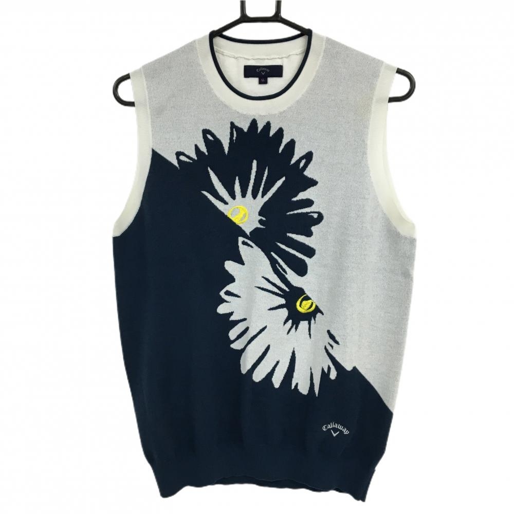 【超美品】キャロウェイ ニットベスト ネイビー×白 花柄 コットン混 レディース LL ゴルフウェア Callaway
